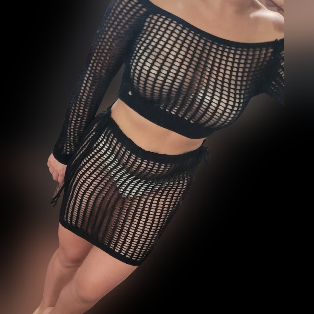 Crochet bikini cover up set long sleeve off the shoulder top and mini skirt